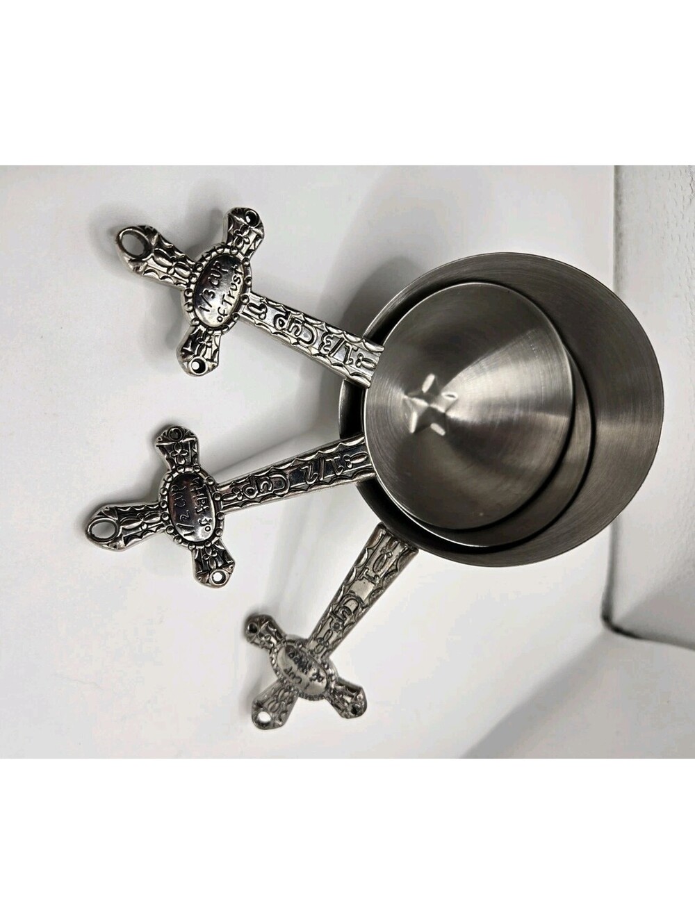 Vtg Ganz Religious Cross Measuring Cups 3pc Zinc Alloy Faith Trust Hope